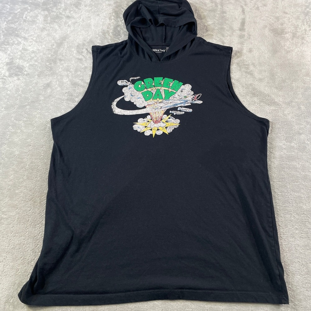 Green Day Sleeveless Hoodie Shirt Mens XXL Black Rock Band Punk Tank Top 2018